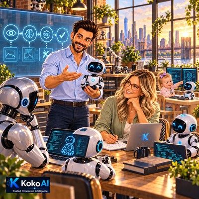 Koko teaching Sam, wearing glasses, alongside humanoids and robots. Little Demi teaches a small robot at her two-screen desk.