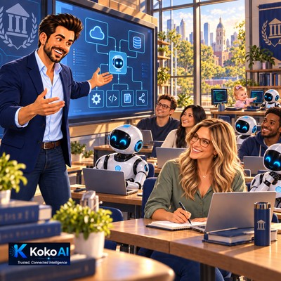Koko teaching Sam, wearing glasses, alongside humanoids and robots. Little Demi teaches a small robot at her two-screen desk.