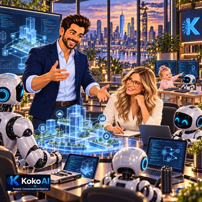 Koko teaching Sam, wearing glasses, alongside humanoids and robots. Little Demi teaches a small robot at her two-screen desk.
