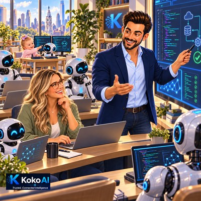 Koko teaching Sam, wearing glasses, alongside humanoids and robots. Little Demi teaches a small robot at her two-screen desk.